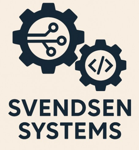 A stylized Svendsen Systems logo sketch with two gears